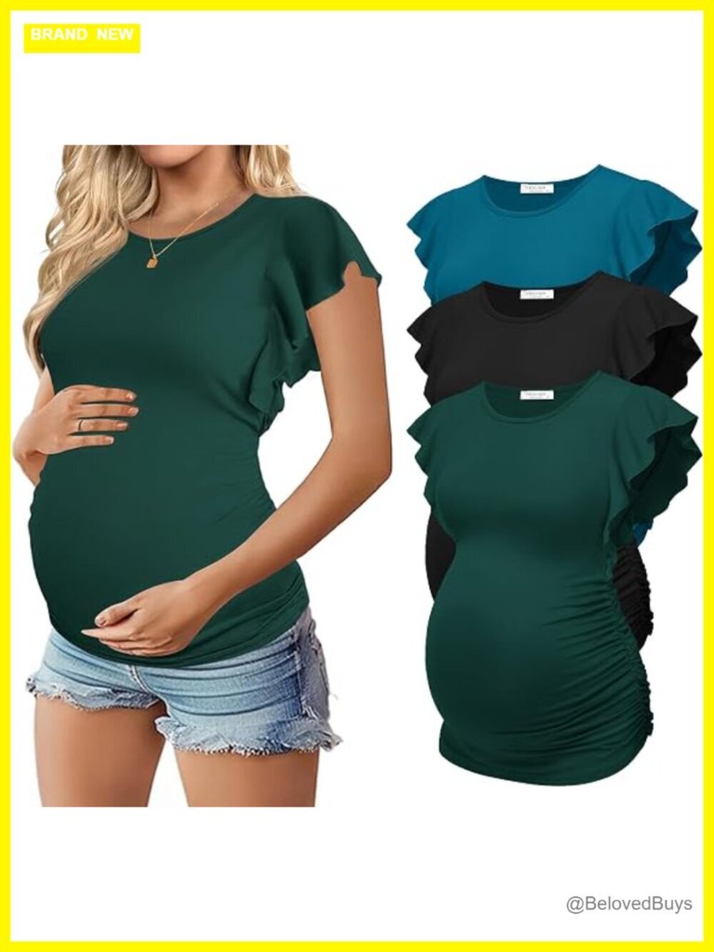 Maternity Shirts 3 Pack Flying Short Sleeve Side Ruched Tunic Blouse S-XXL